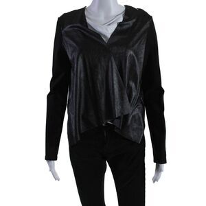 Ellelauri Womens Long Sleeve Open Front Blouse Faux Leather Black Size Small